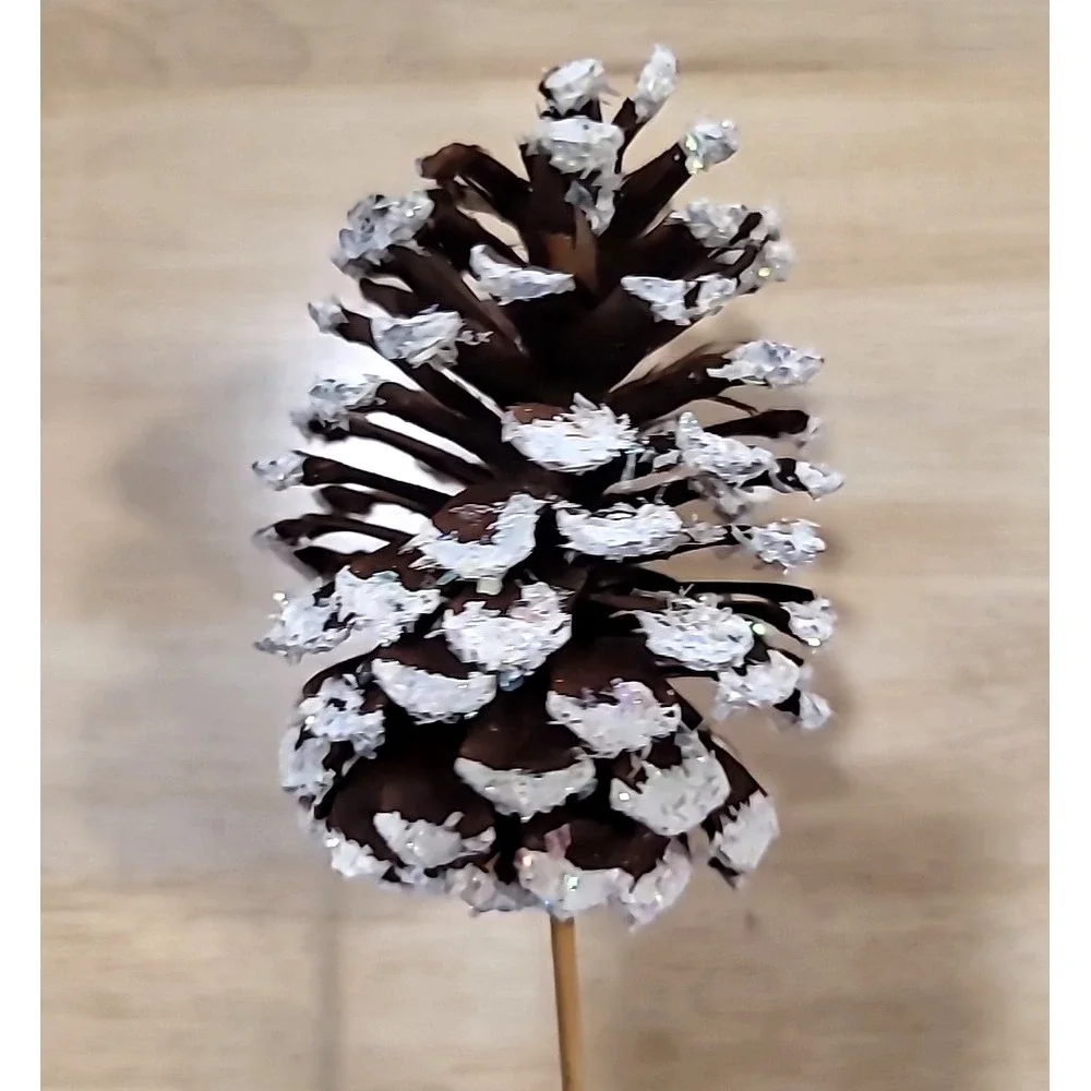 Set Of 3 Large White And Glitter Tipped Pine Cone Picks- Christmas-Porch Pot